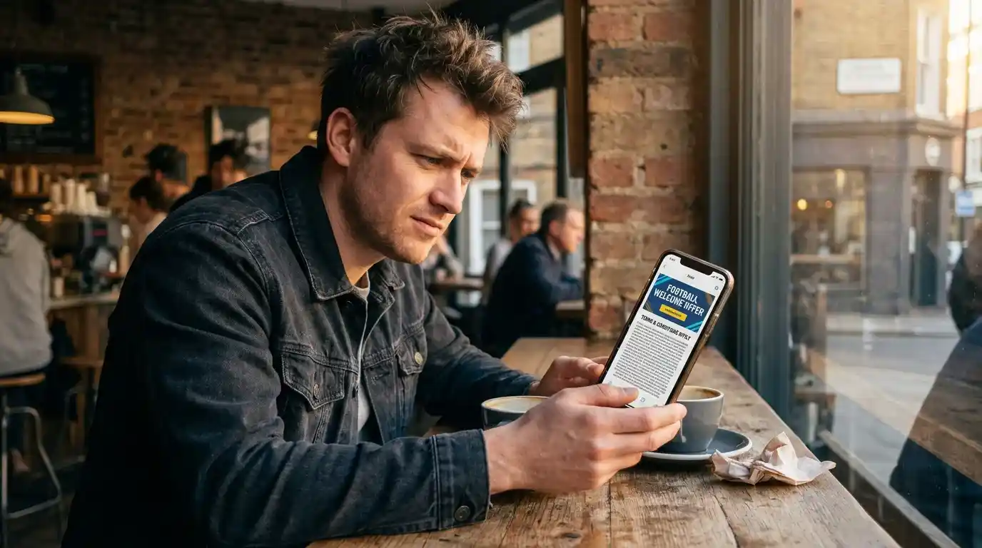 A UK punter inspecting the small print on a football welcome offer on a mobile betting app