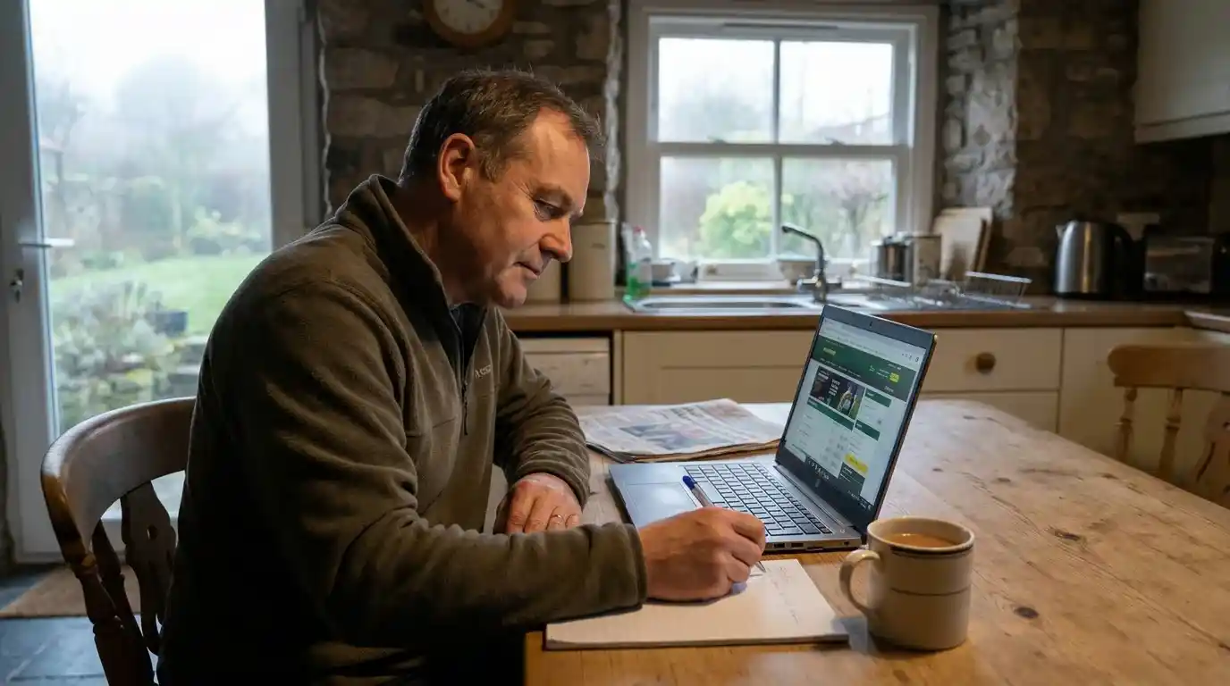 UK punter conducting a quiet 100-bet process review of football betting strategy at a desk