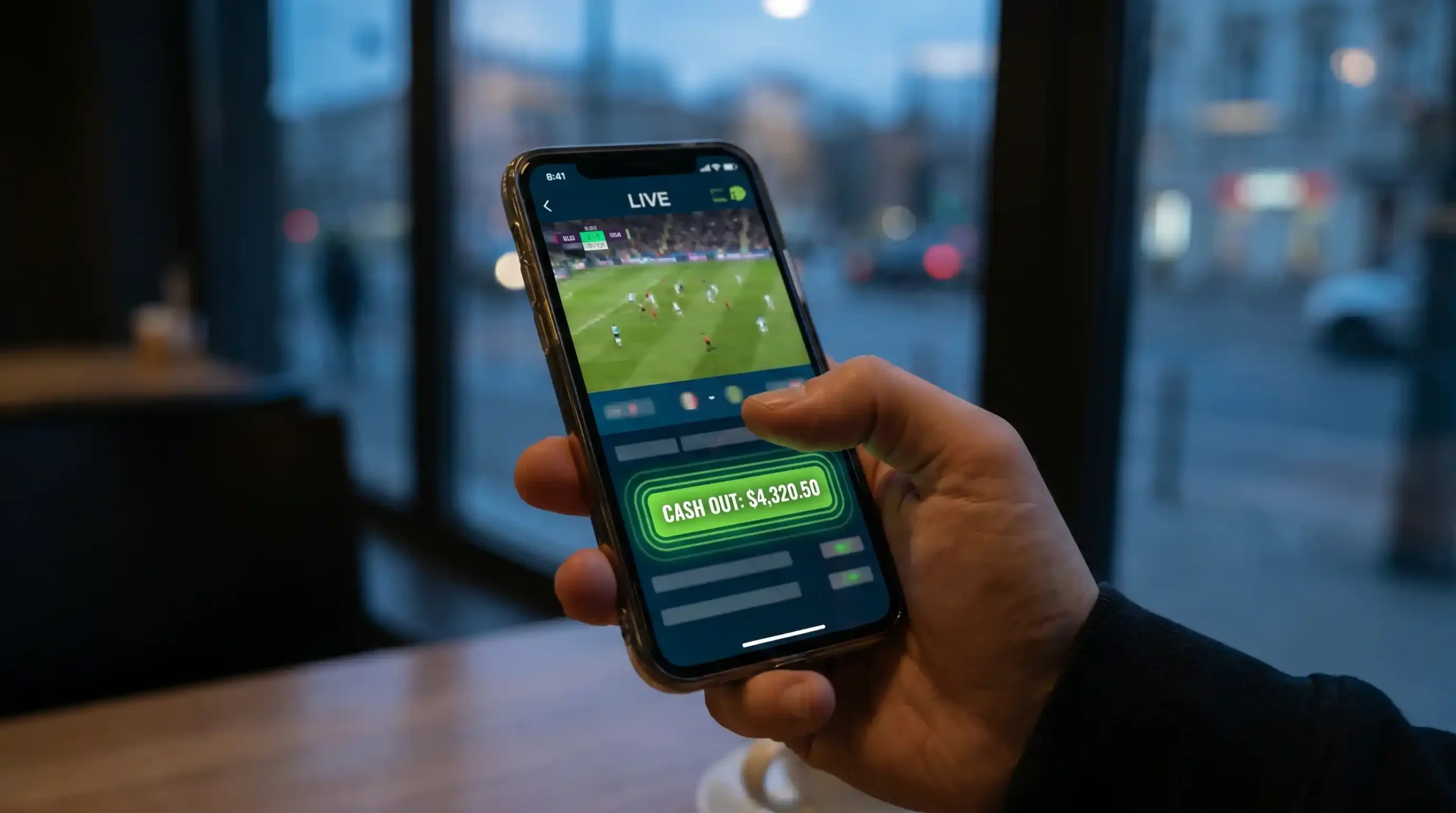 Mobile sportsbook app showing a live in-play football bet with a pulsing cash-out button and the current sell-back valuation displayed