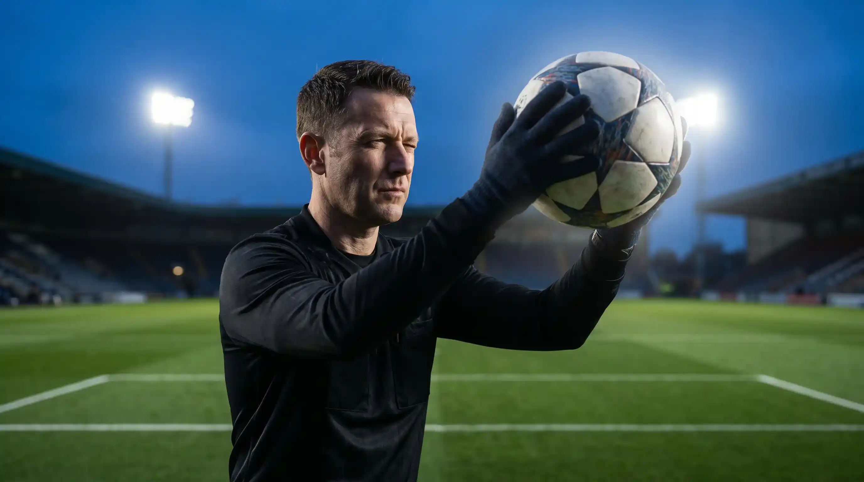 Football referee inspecting the match ball under floodlights before kick-off