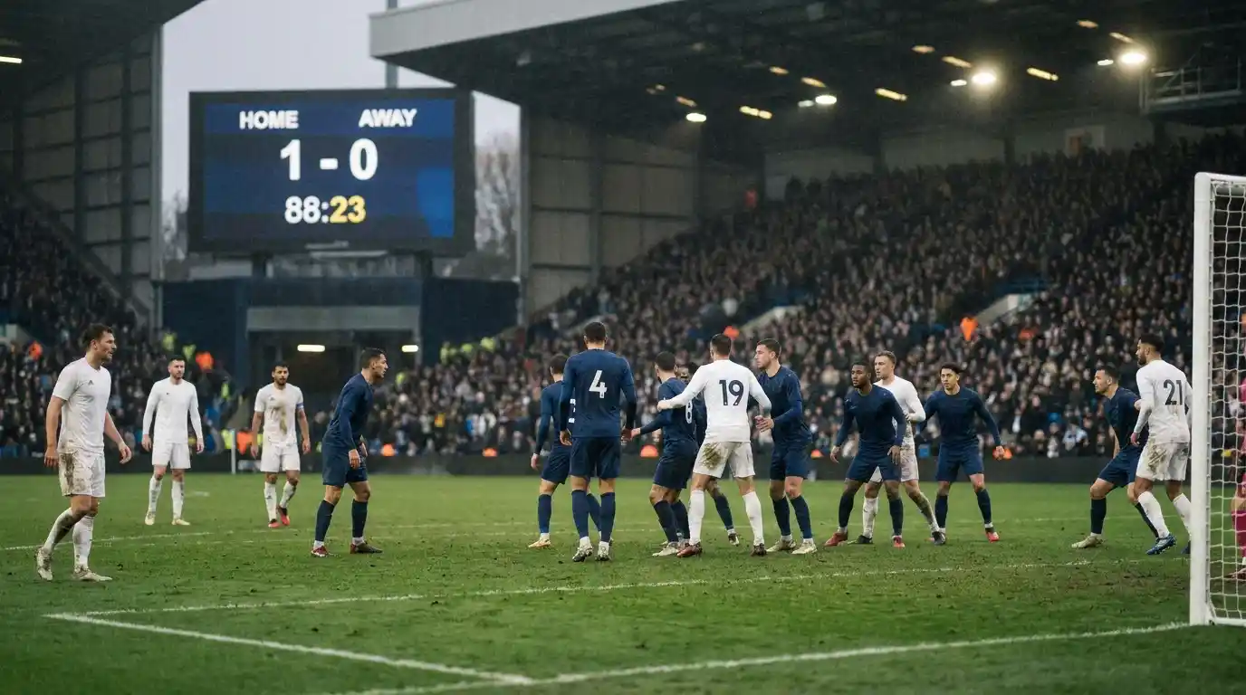 Premier League football match in late stages with defensive setup at 1-0 scoreline