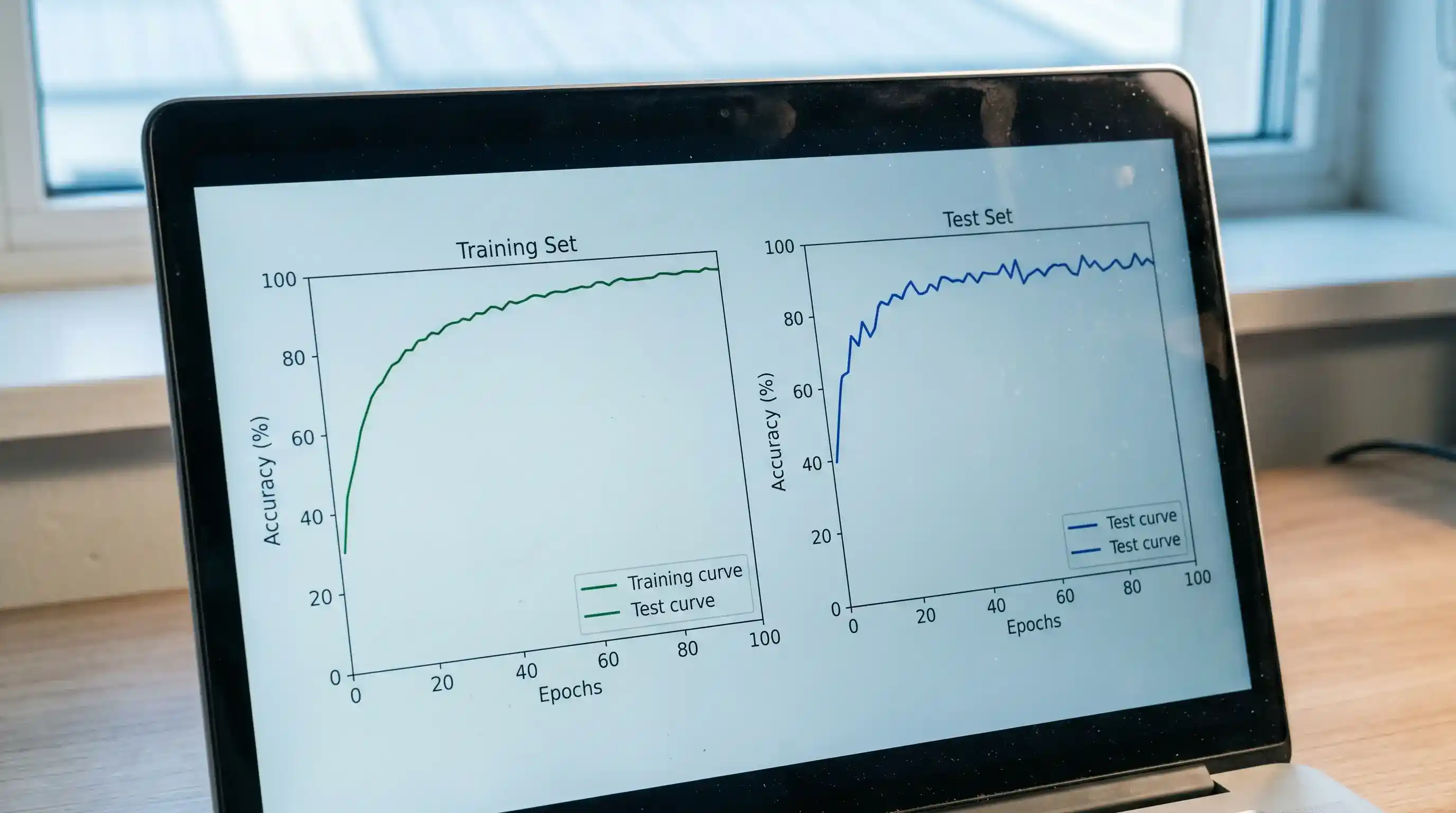 Football model backtesting performance charts comparing training and test set results on a laptop