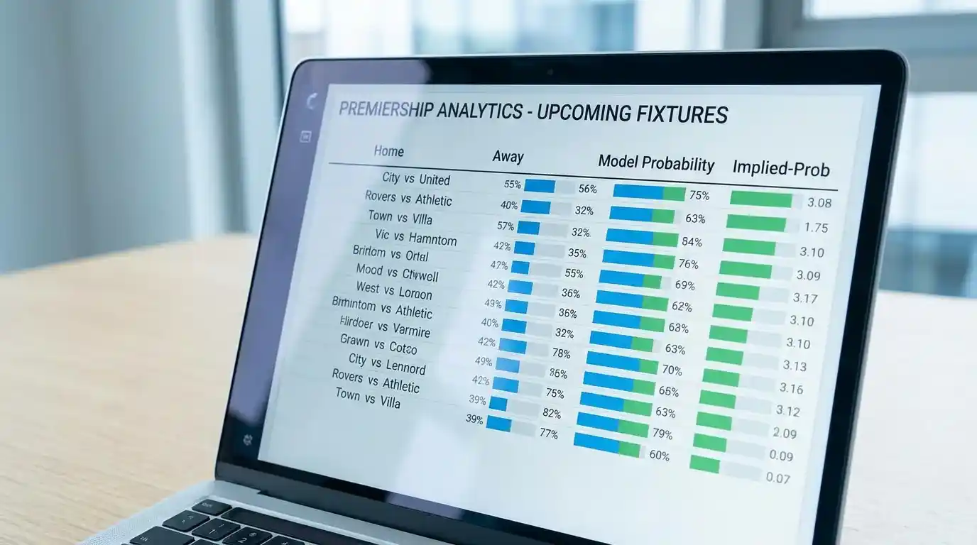 Football probability model dashboard on a laptop showing match outcome estimates