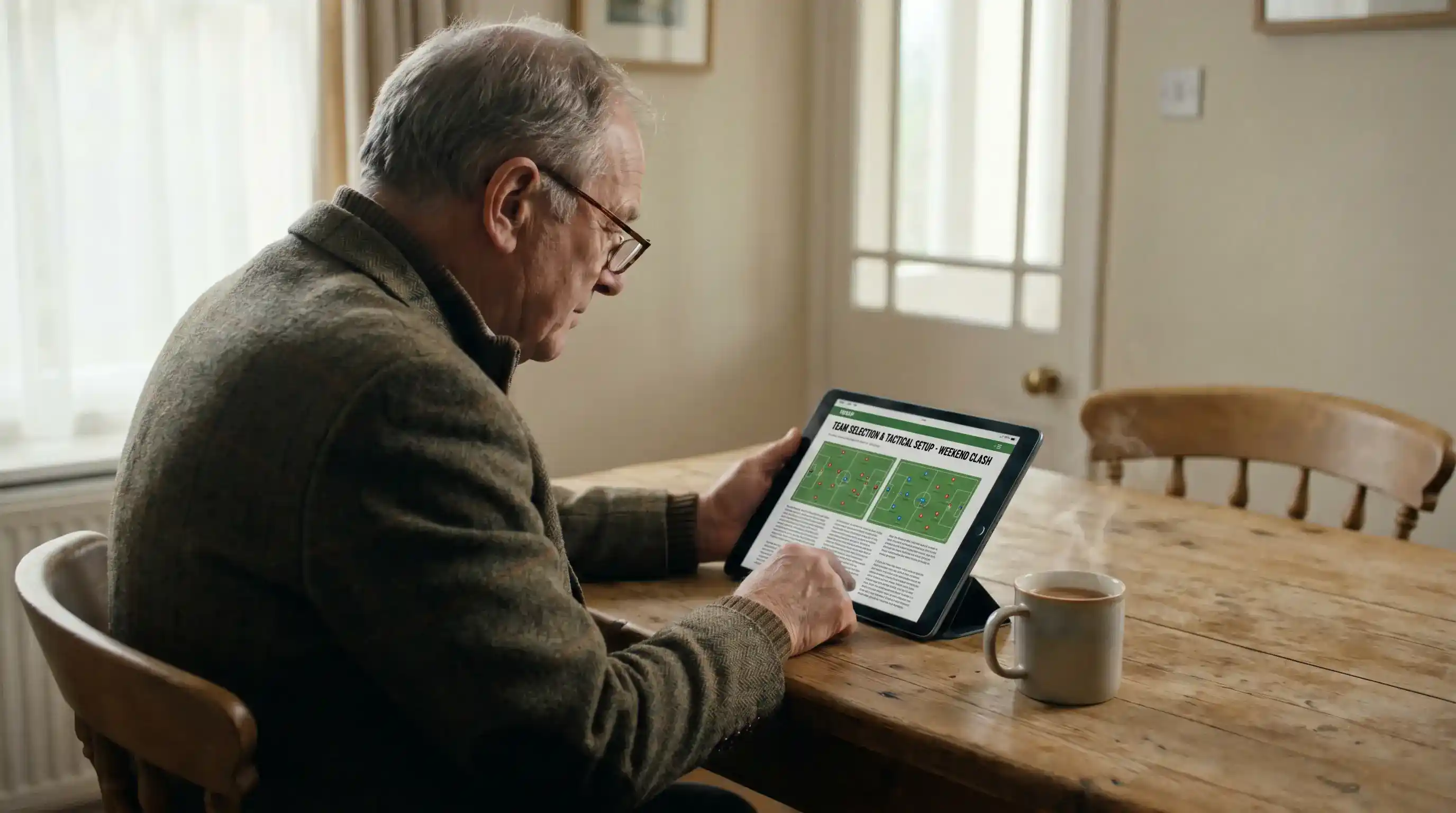 UK punter reading football team news and tactical analysis on a tablet ahead of a fixture