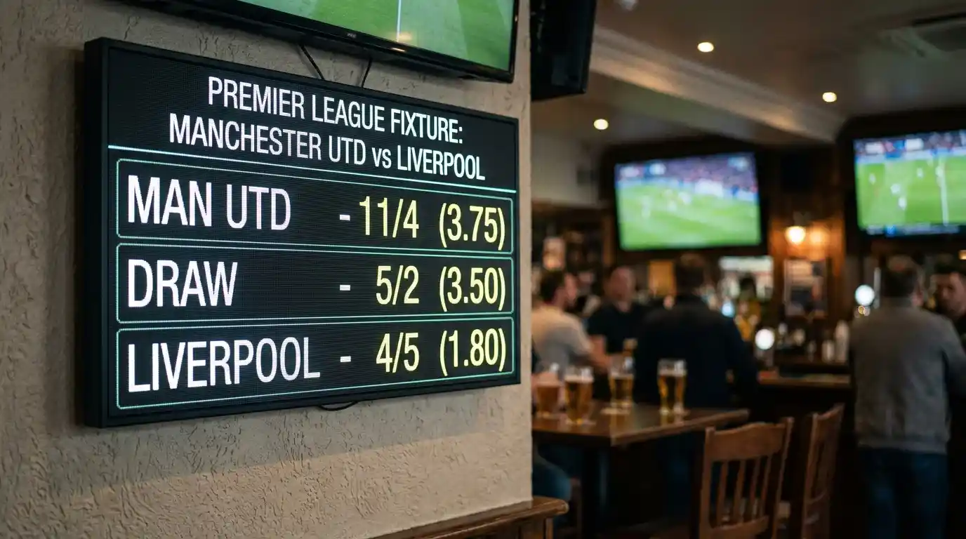Bookmaker price board showing the same Premier League match in both fractional and decimal odds formats side by side