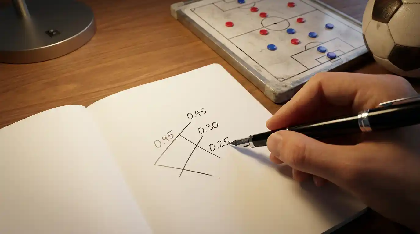 Hand sketching probability and price figures on a notebook beside a tactics board