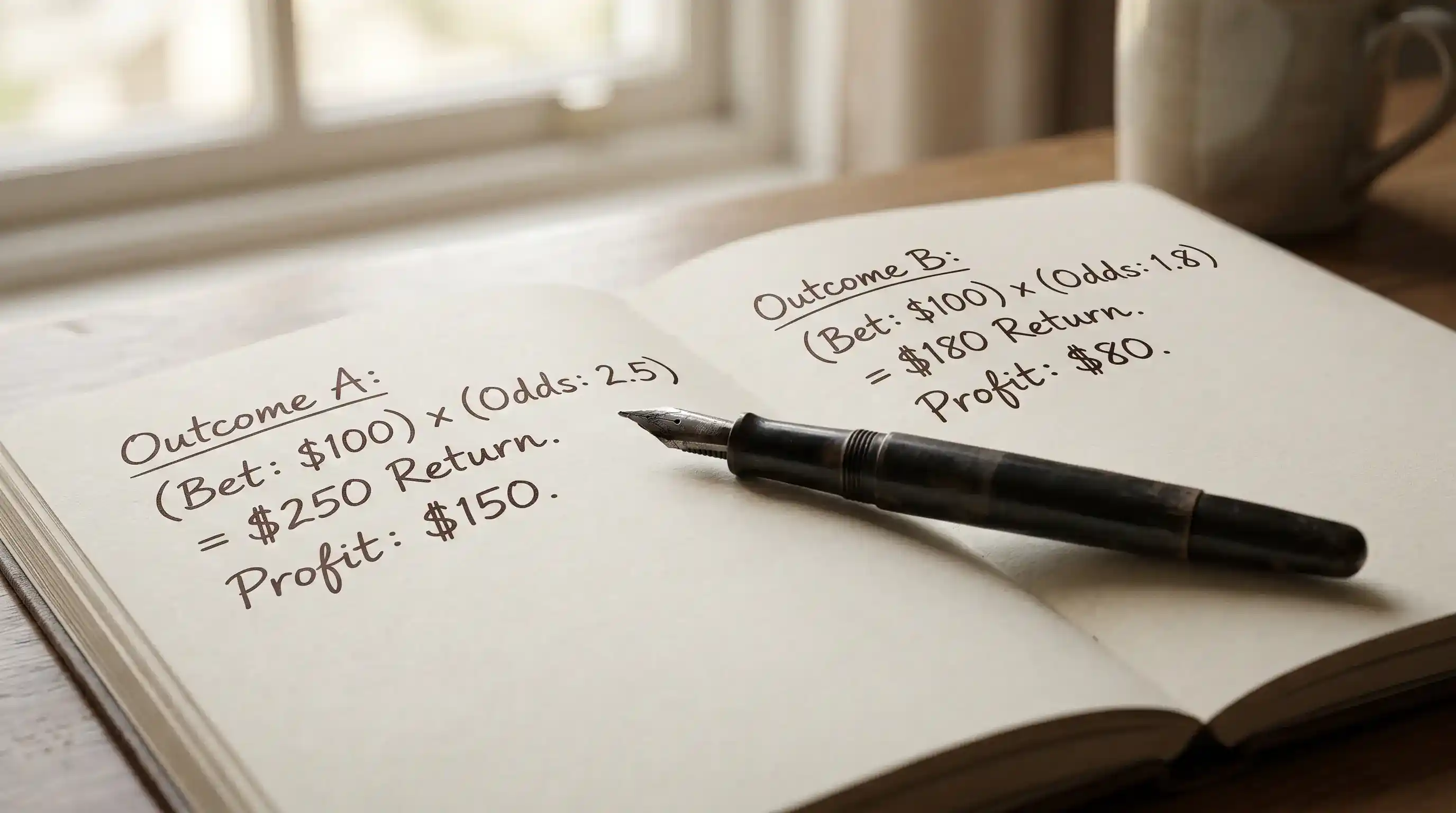 Numerical breakdown on a notebook page comparing standard outright settlement to a Best Odds Guaranteed settled return