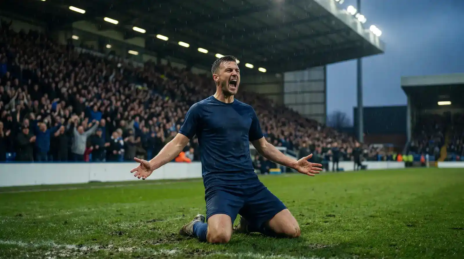 Premier League striker celebrating a goal at a packed stadium for a scorecast market settlement