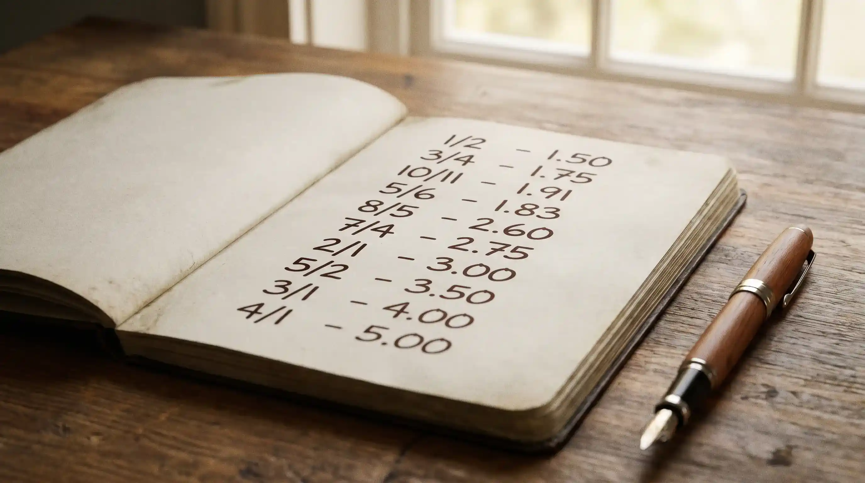 Open notebook page with neat hand-written rows pairing fractional football odds with their decimal equivalents