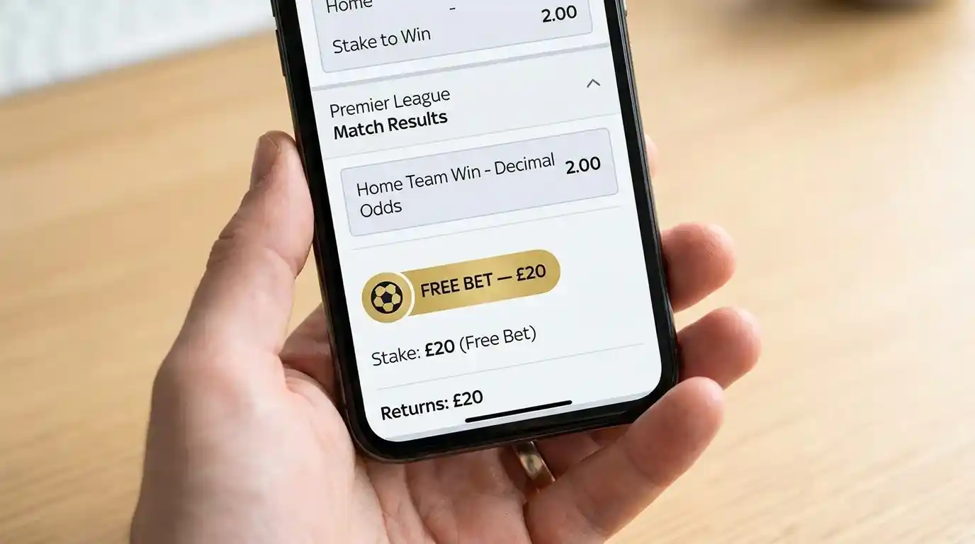 A free-bet token applied to a Premier League selection on a UK football betting slip
