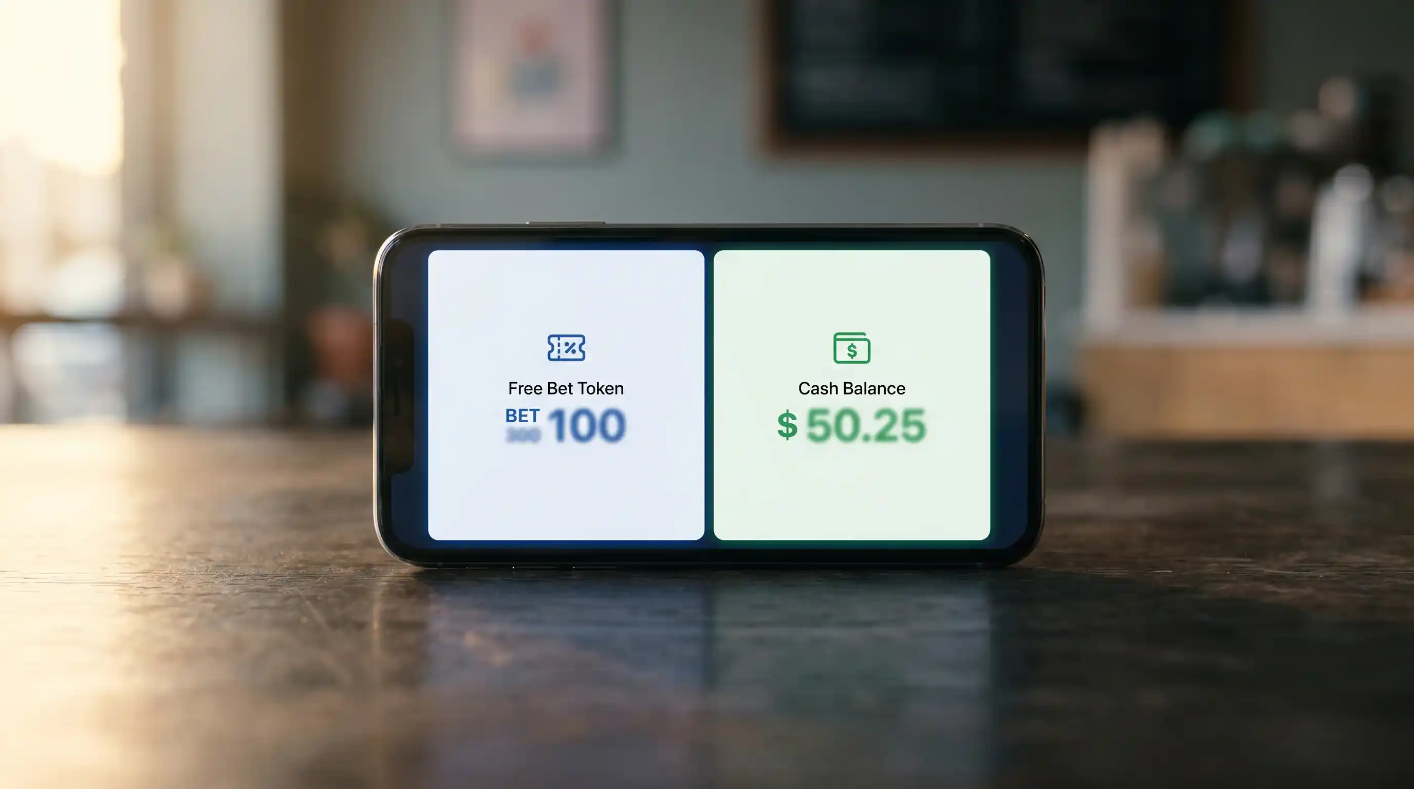 Two adjacent screen panels one labelled free bet token showing a fixed value and one labelled cash balance showing equivalent funds