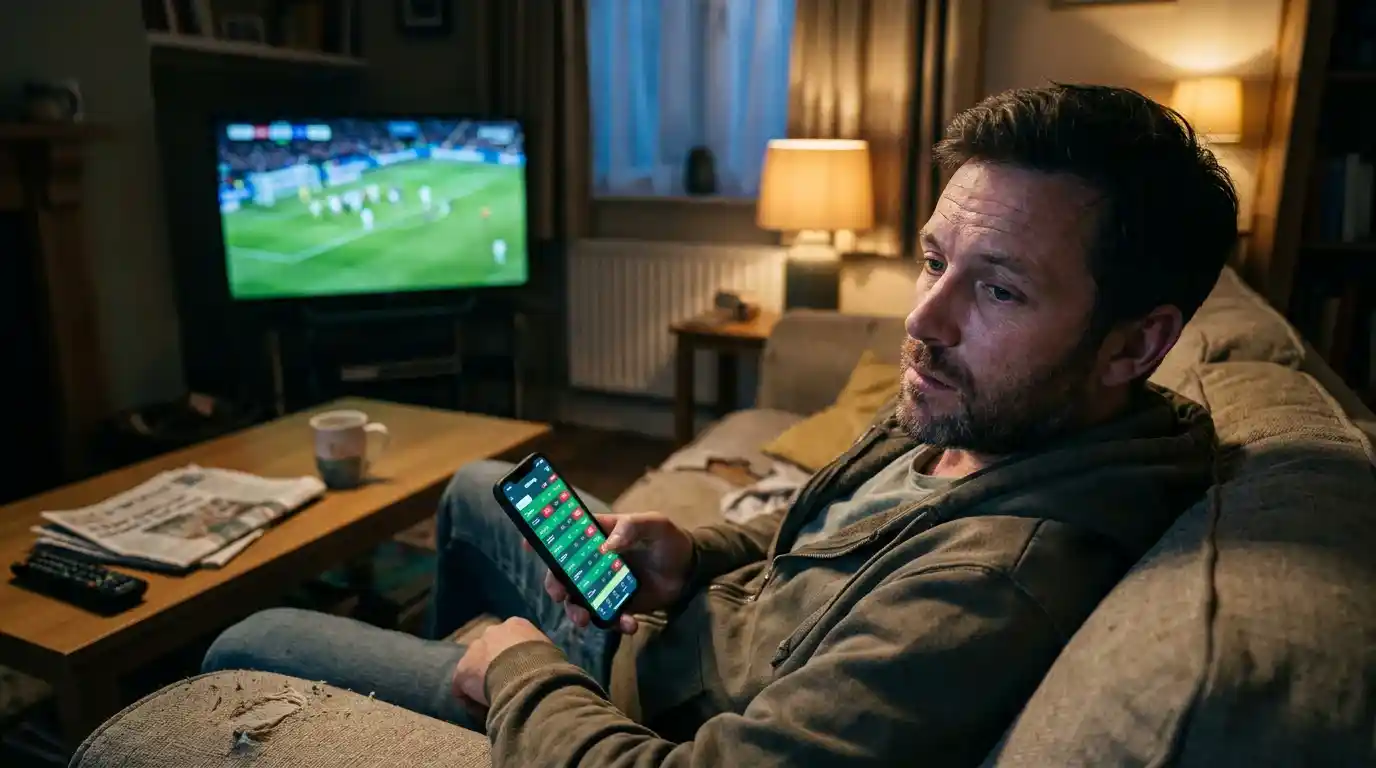 UK punter looking frustrated at a mobile bookmaker app after a losing run