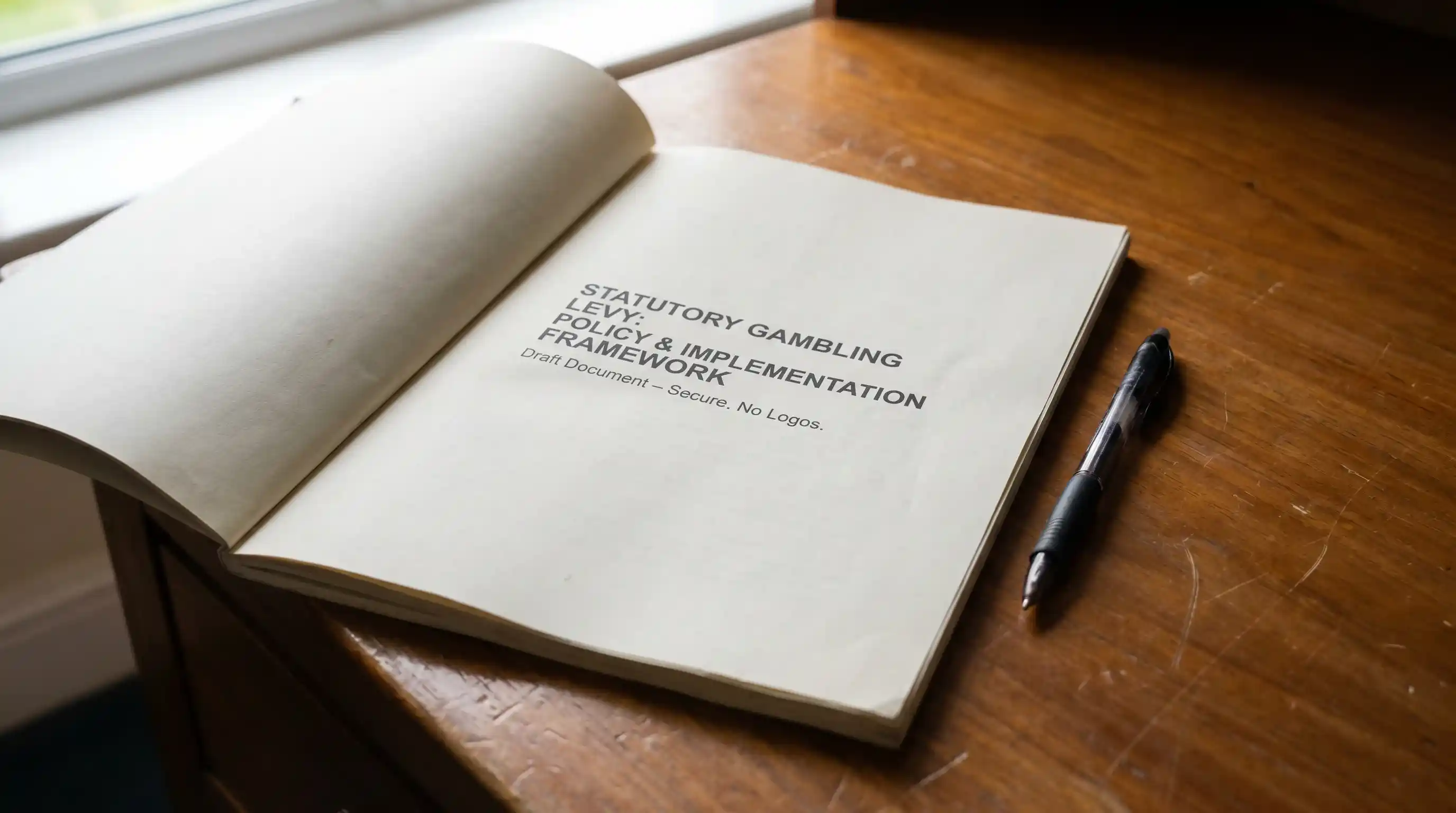 Open policy document on a desk outlining the 2025 statutory gambling levy framework