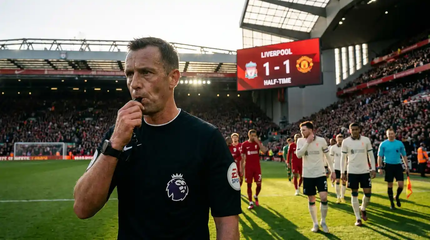 Referee blowing the half-time whistle at a Premier League fixture with the scoreboard showing the interval score