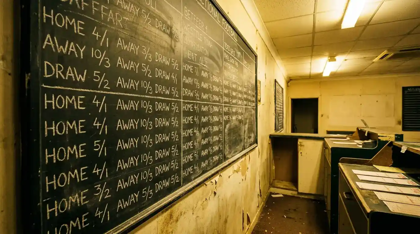 Traditional UK bookmaker shop with a chalkboard wall displaying fractional football prices in white chalk against a black surface