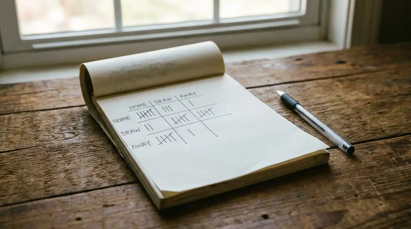 Hand-drawn three-by-three grid of half-time and full-time outcomes on a notebook page with frequency tallies