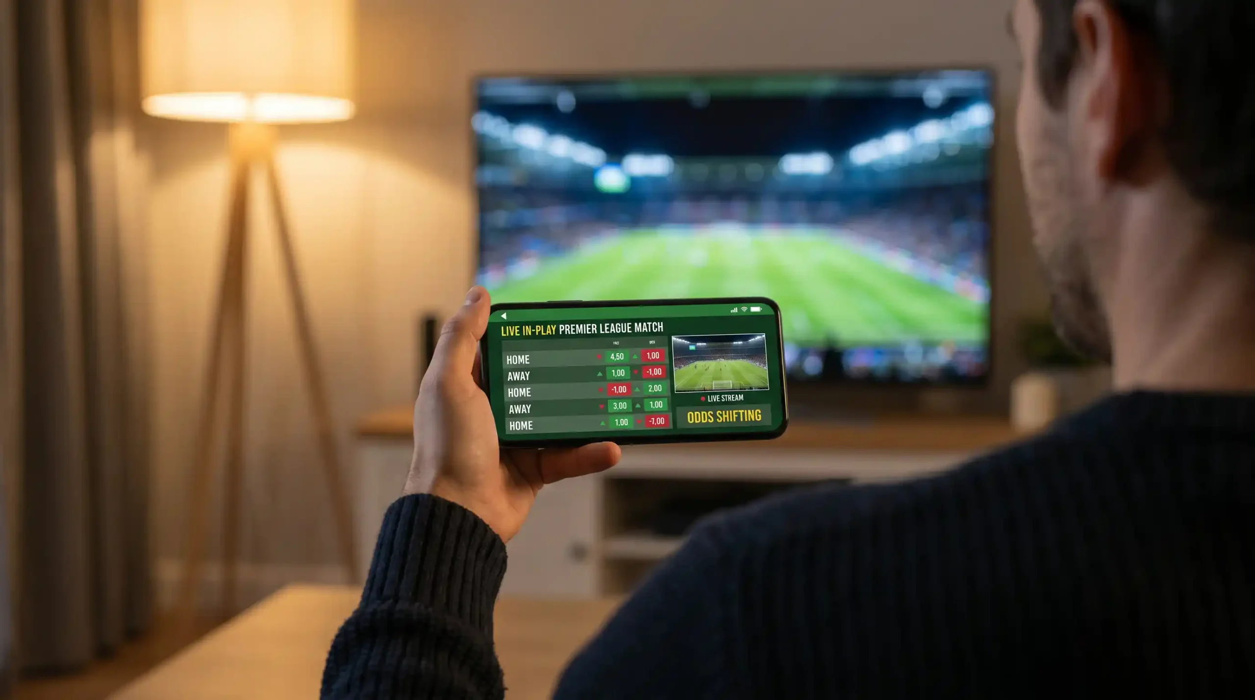 UK bookmaker app showing in-play football odds updating during a live Premier League match