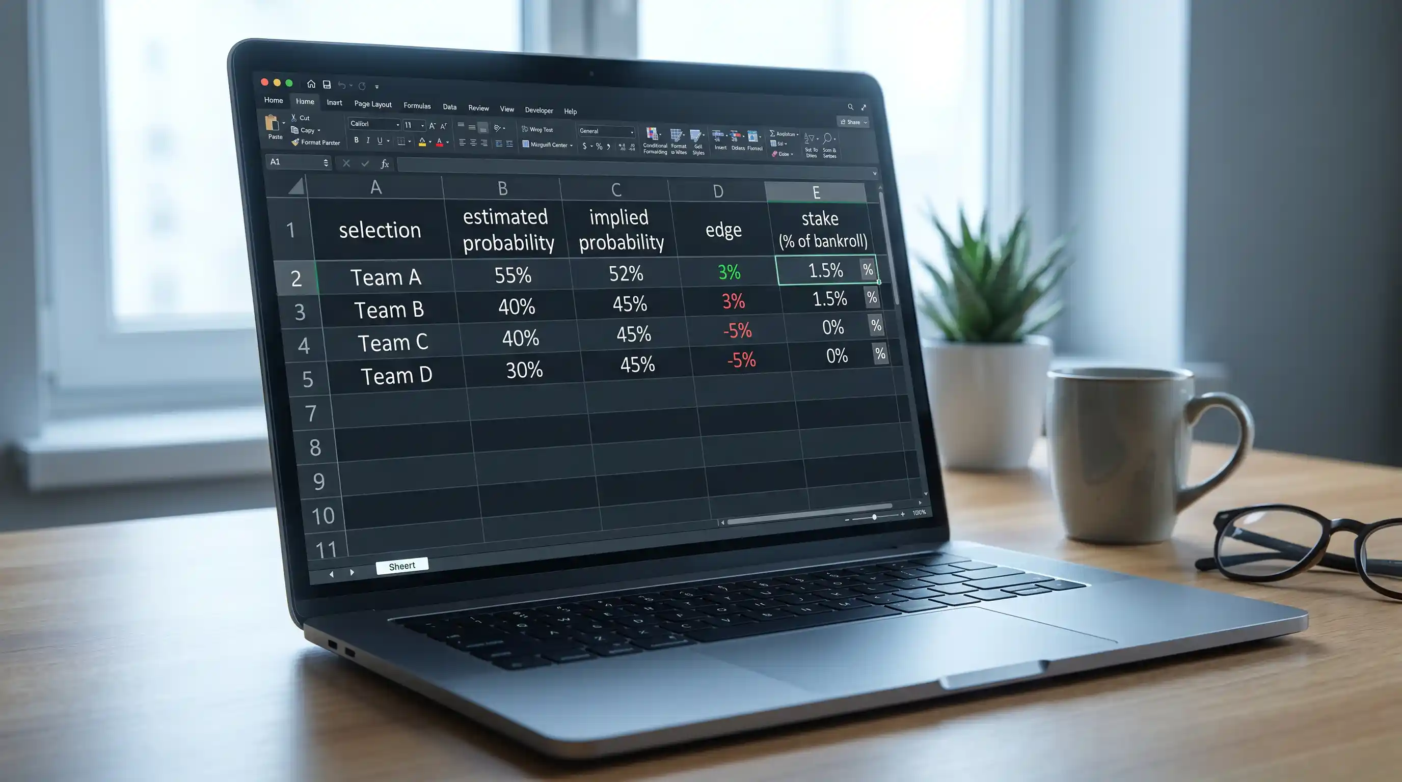 Kelly fraction stake sizing spreadsheet on a laptop showing percentage allocations to football bets