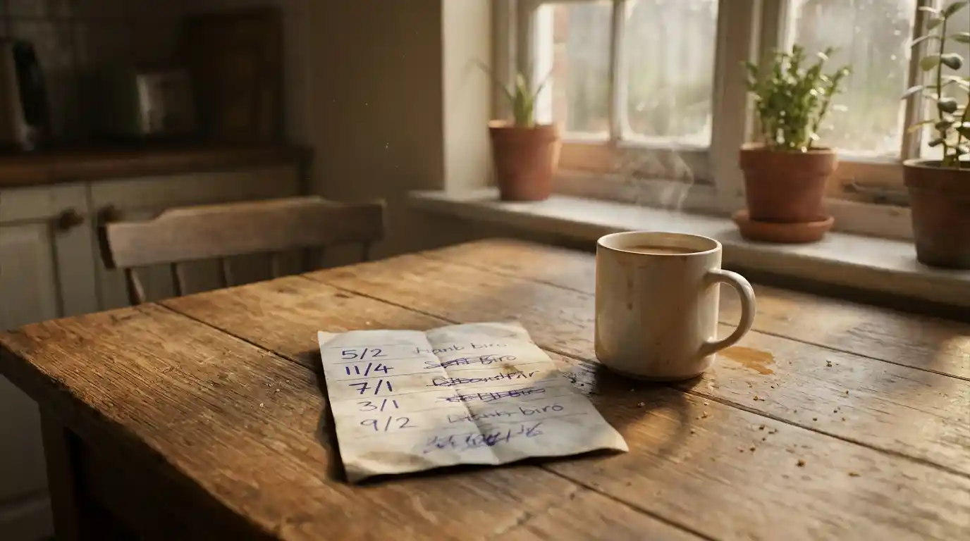 Pen and a hand-written paper betting slip on a kitchen table with mug of tea showing a five-fold accumulator in fractional odds