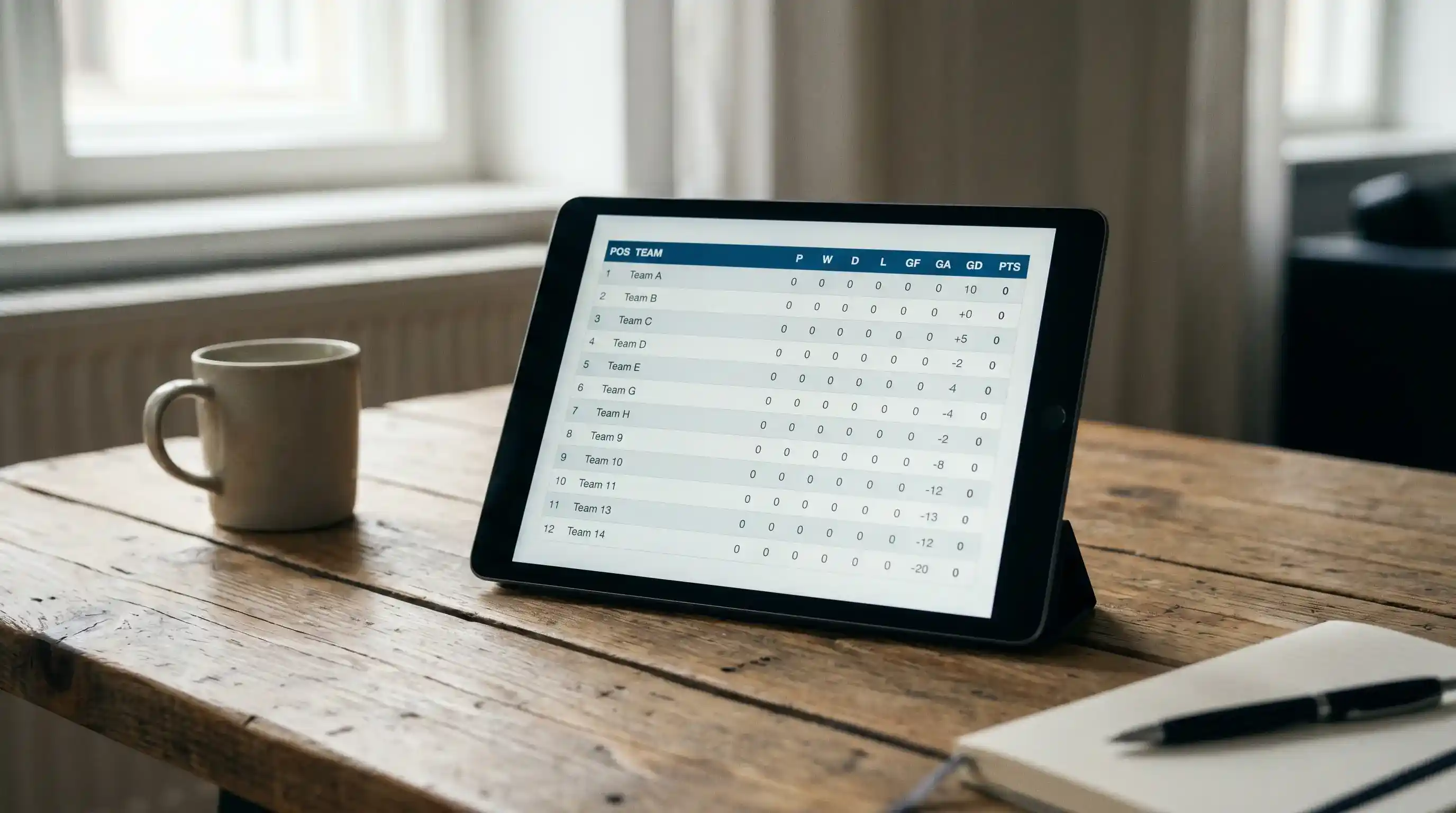 Tablet on a desk showing the Champions League league-phase combined standings table with thirty-six rows and points columns