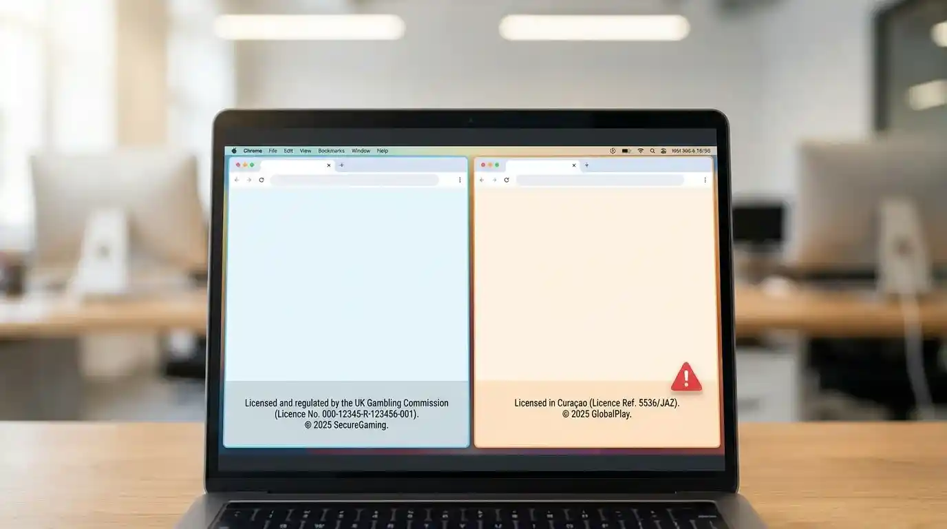 Two browser windows displayed side by side comparing a UKGC-licensed bookmaker footer with an offshore site footer