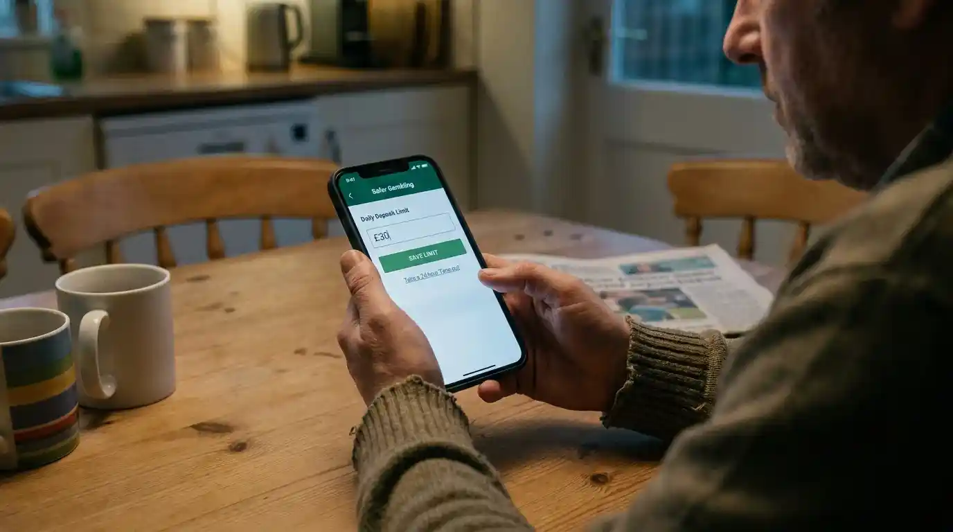 A UK punter setting a daily deposit limit on the safer-gambling section of a football betting app before kick-off