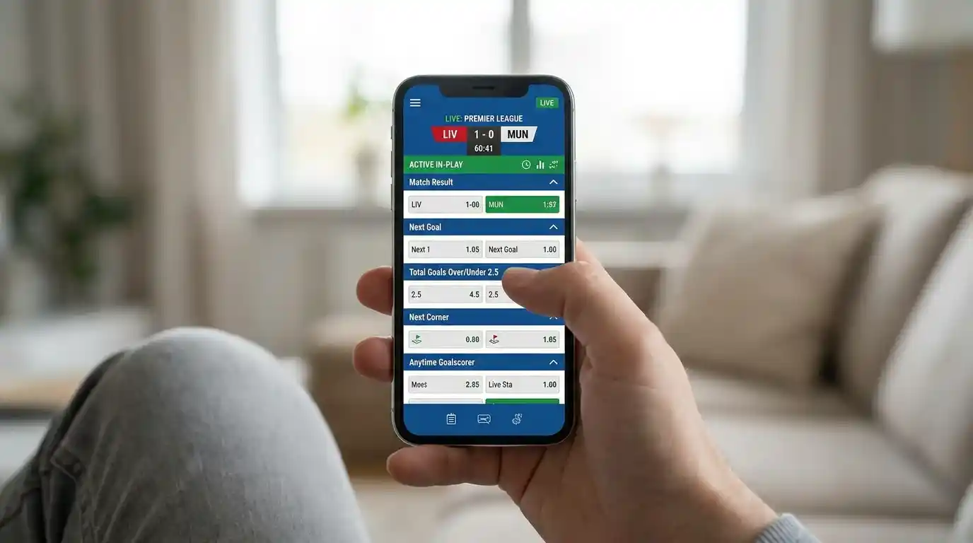 A UK in-play football markets menu on a smartphone showing match result, next goal and total goals during a live match