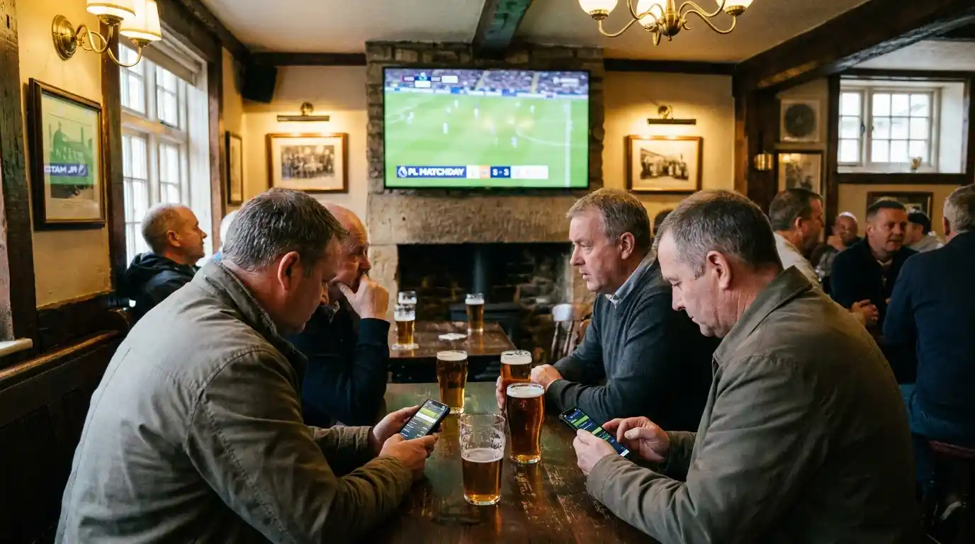 Football fans in a British pub watching a live Premier League match while following in-play markets on their phones