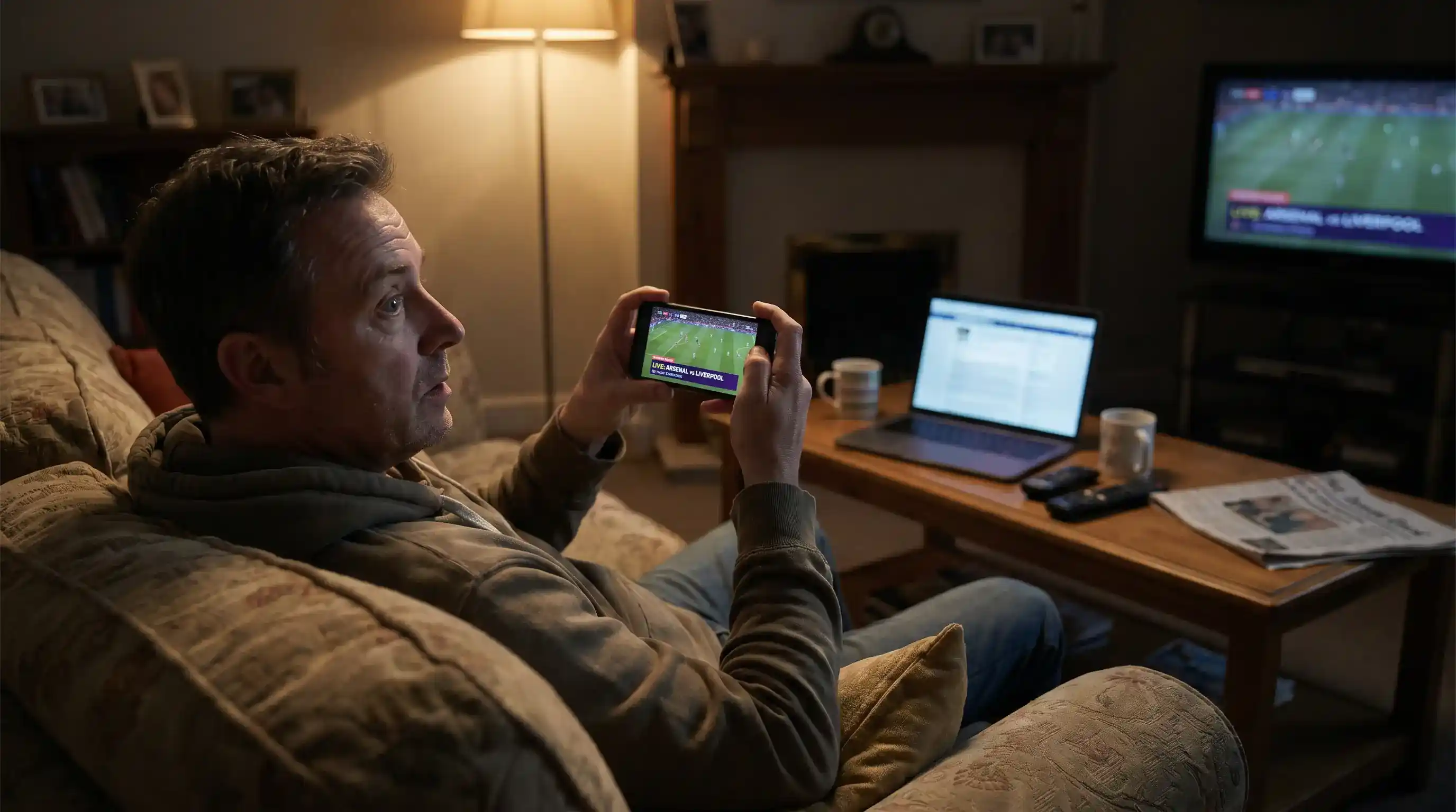 Punter watching a live-streamed football match on a UK bookmaker app while monitoring in-play odds