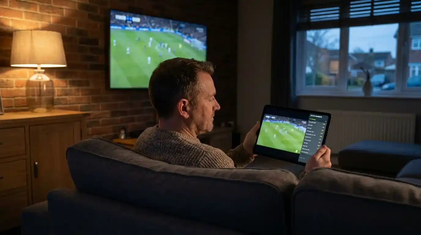 Person watching a live football match on a tablet device with in-play markets visible