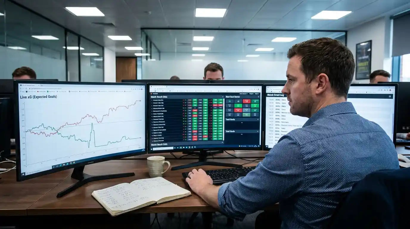 A UK bookmaker trading desk with multiple screens displaying live football odds during a Premier League match