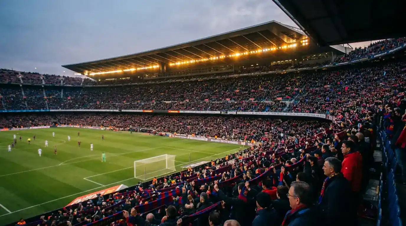 Wide view of a packed London Premier League stadium during a derby fixture with both sets of supporters visible behind the goals