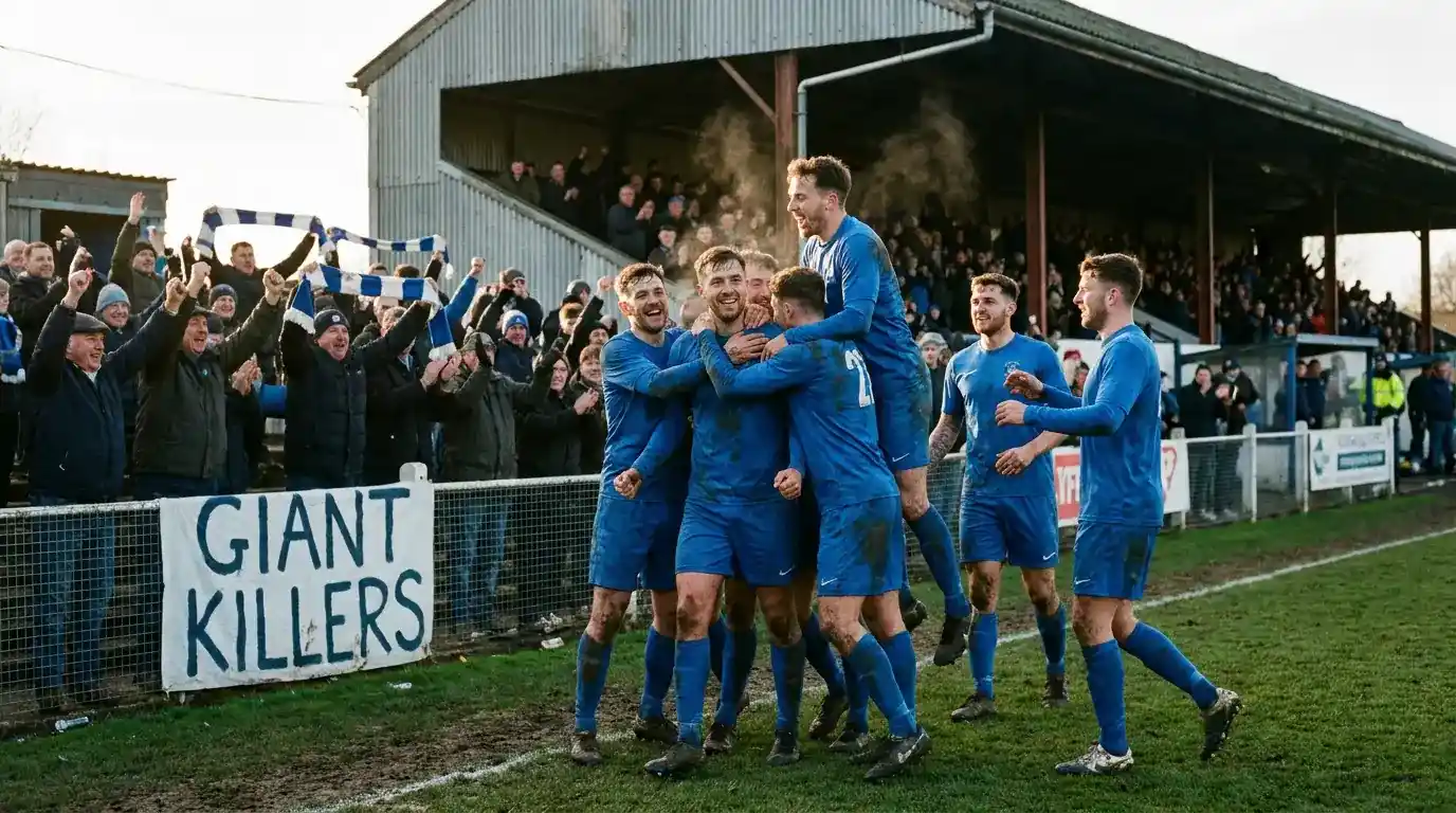 Lower-league side celebrating a giant-killing FA Cup upset against a Premier League opponent at home