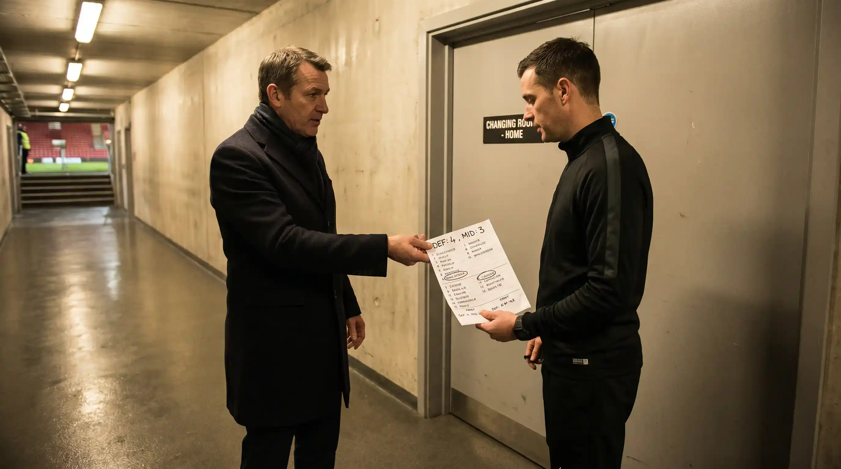 Premier League manager handing a team sheet with six FA Cup rotation changes to a fourth official