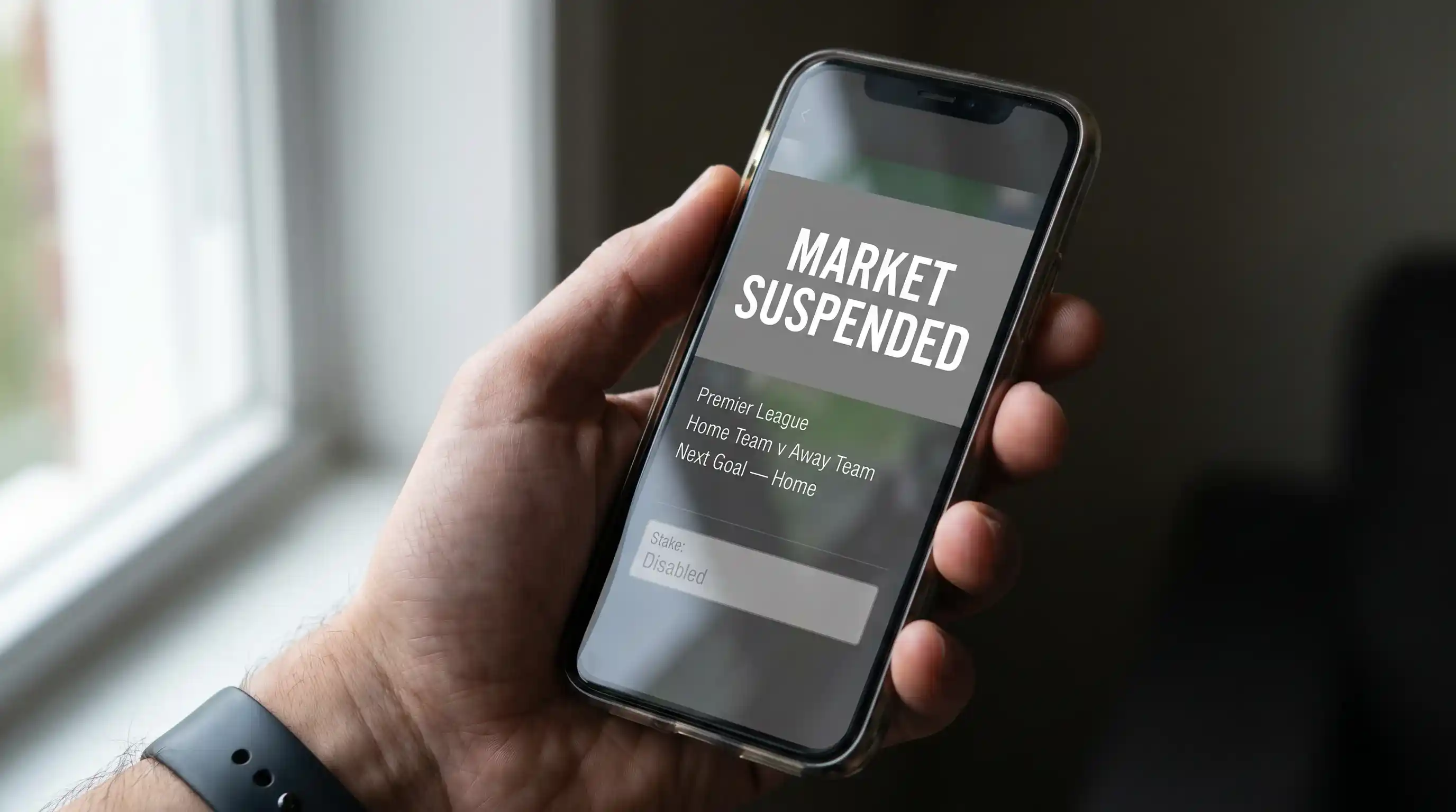 A UK bookmaker mobile bet slip displaying a market suspended notice during a Premier League in-play moment