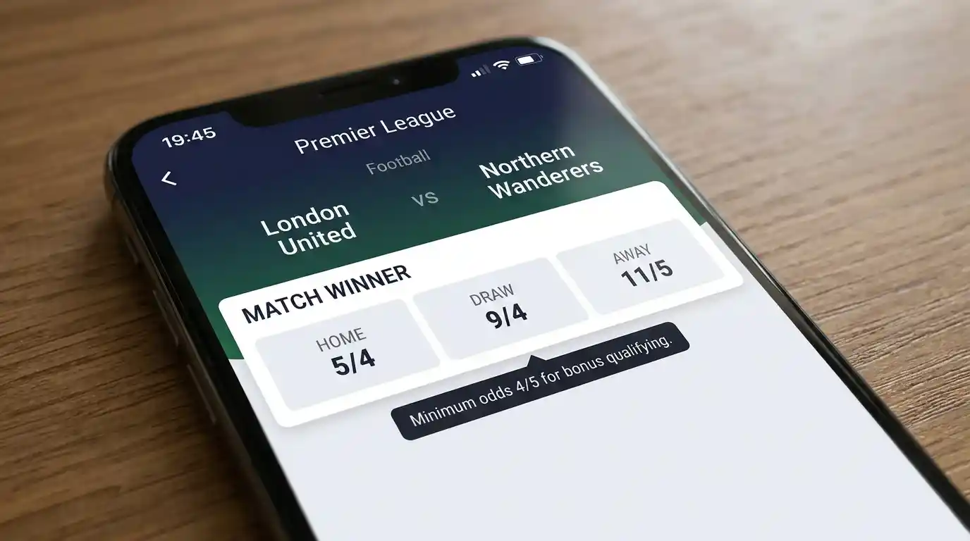 UK football betting market interface displaying minimum qualifying odds for a wagering bonus