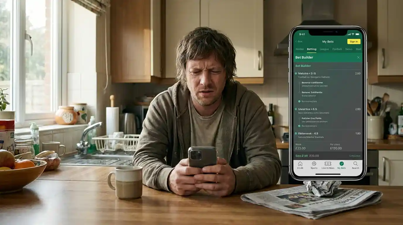 UK punter checking a Bet Builder slip on a mobile app during a Premier League weekend