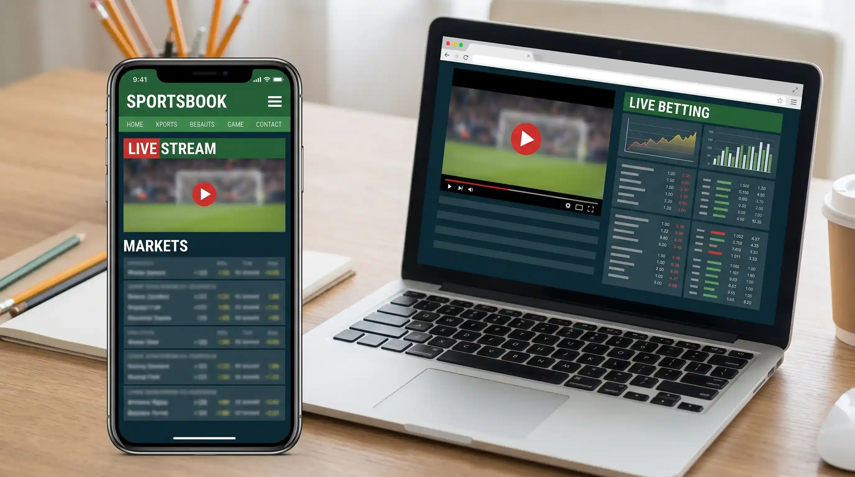 Smartphone showing a betting app stream alongside a laptop showing the same browser-based stream with the markets list in a side panel