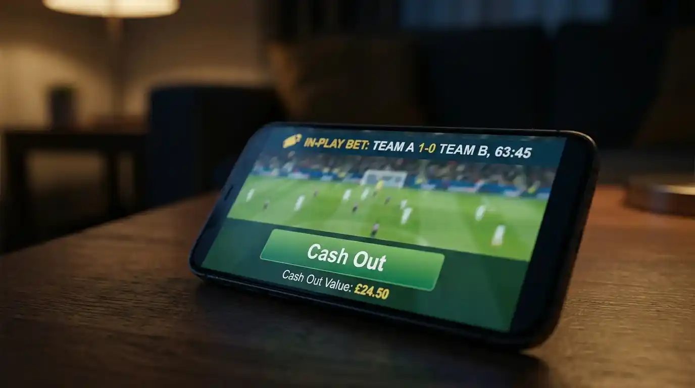 Cash-out button on a UK football betting app shown during a live in-play wager