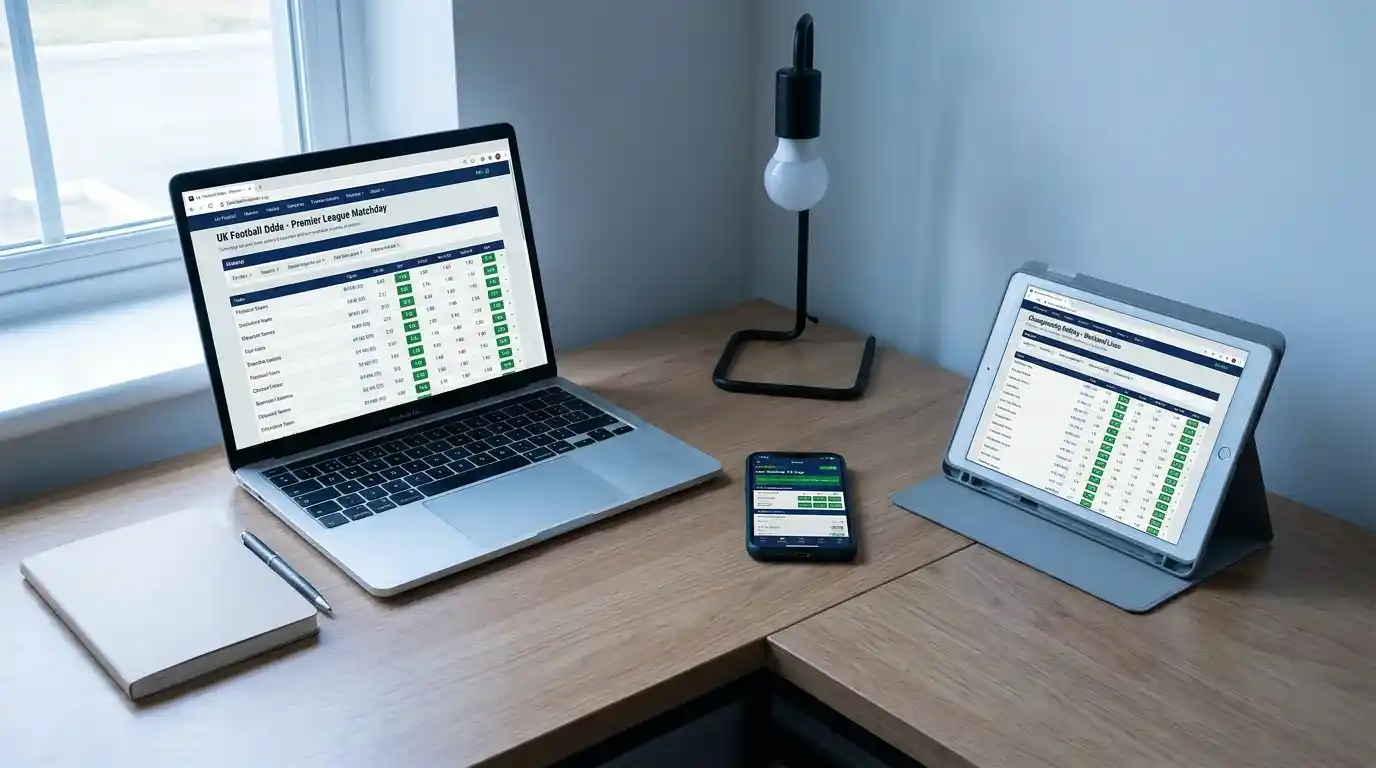 UK punter checking football odds across multiple bookmaker accounts on a laptop and tablet