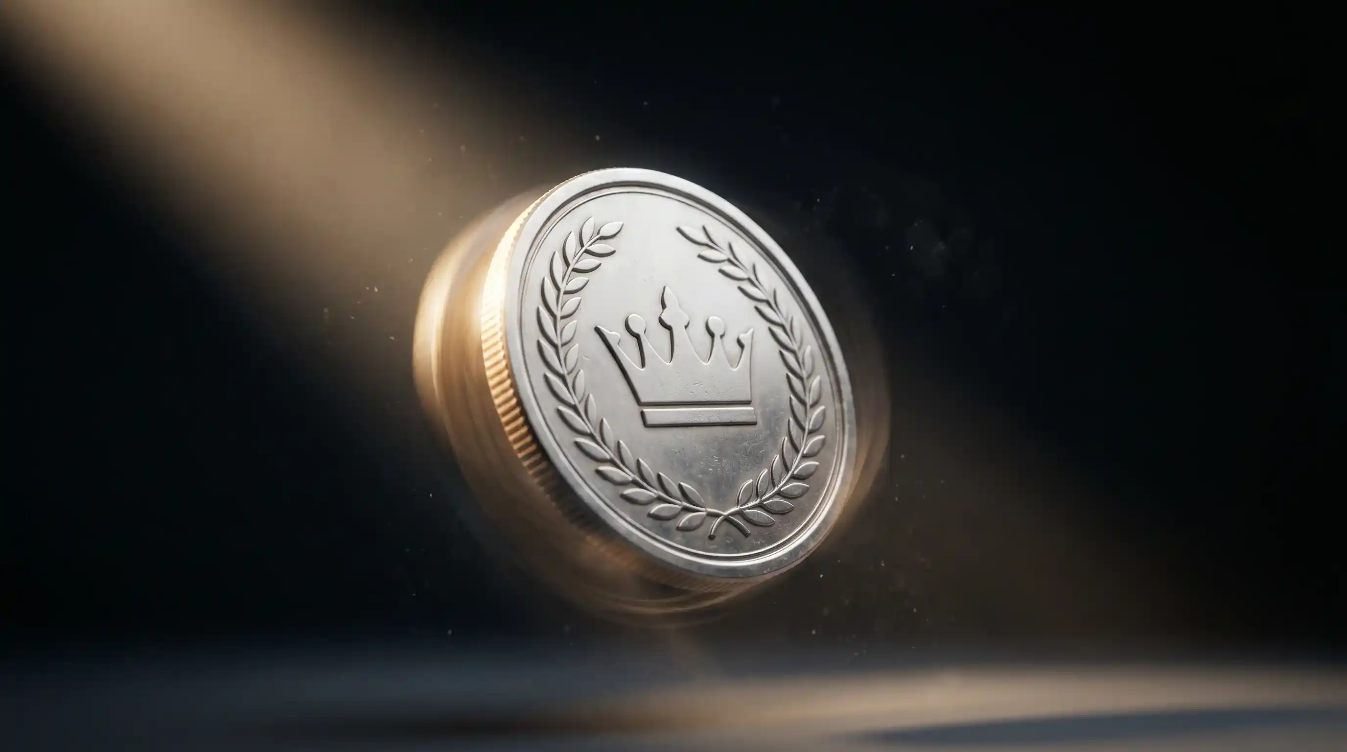 Two-sided coin photographed mid-flip against a dark background illustrating a balanced market that bookmakers price above 100 percent