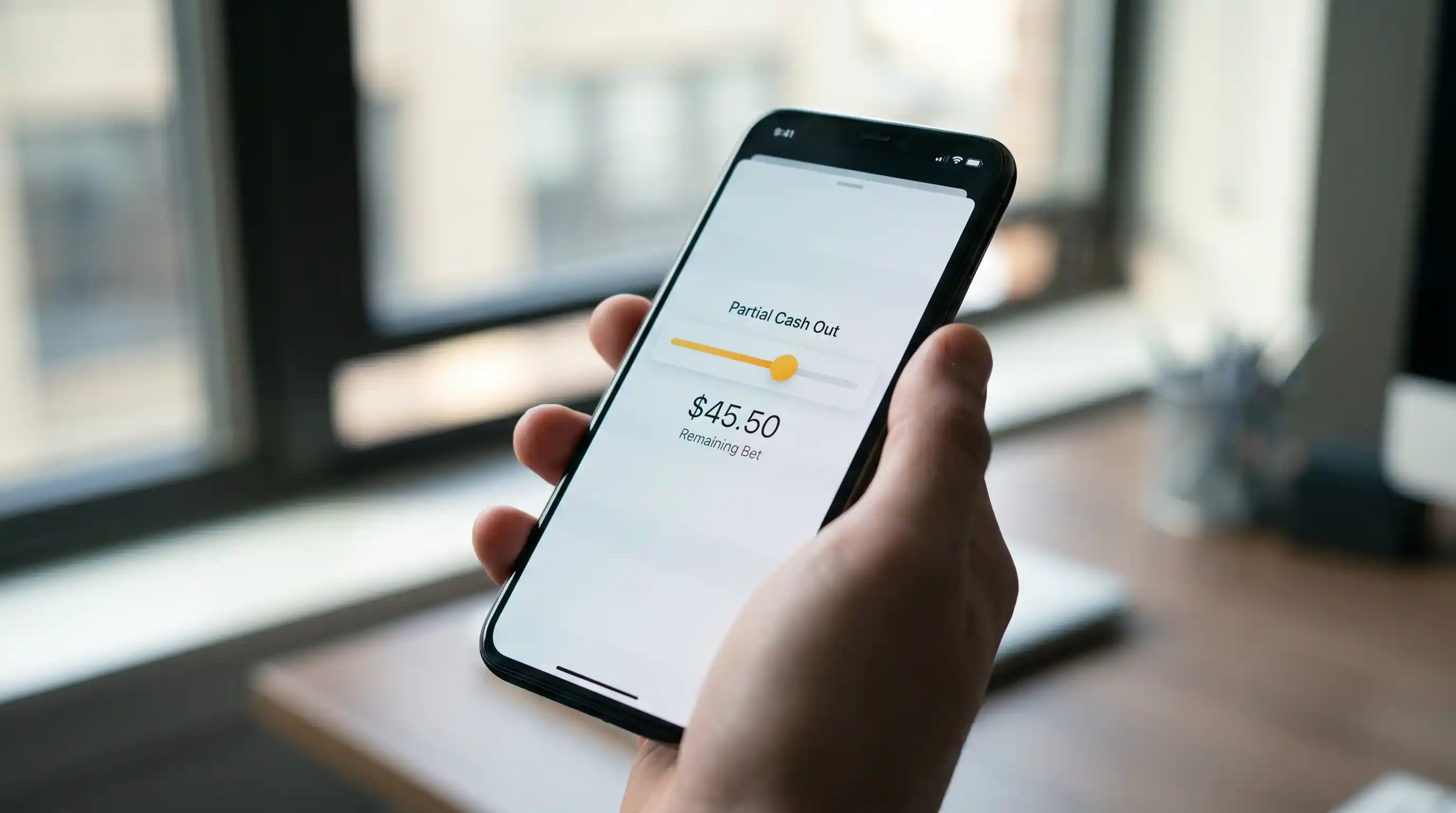 Mobile bookmaker interface displaying a horizontal slider for partial cash-out with a percentage indicator and the remaining live bet value below