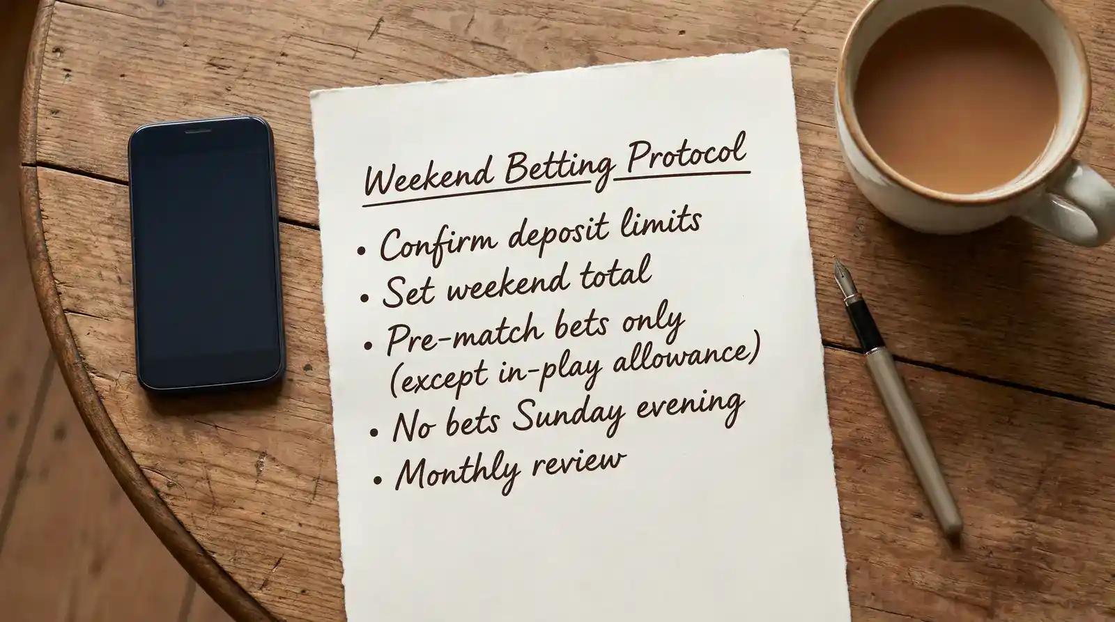 A handwritten personal pre-bet weekend protocol on paper placed beside a closed UK football betting app on a smartphone