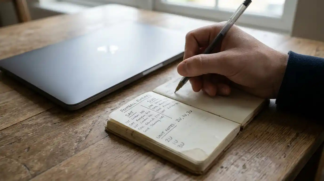 Open notebook with a handwritten weekly football betting schedule for clearing a bonus
