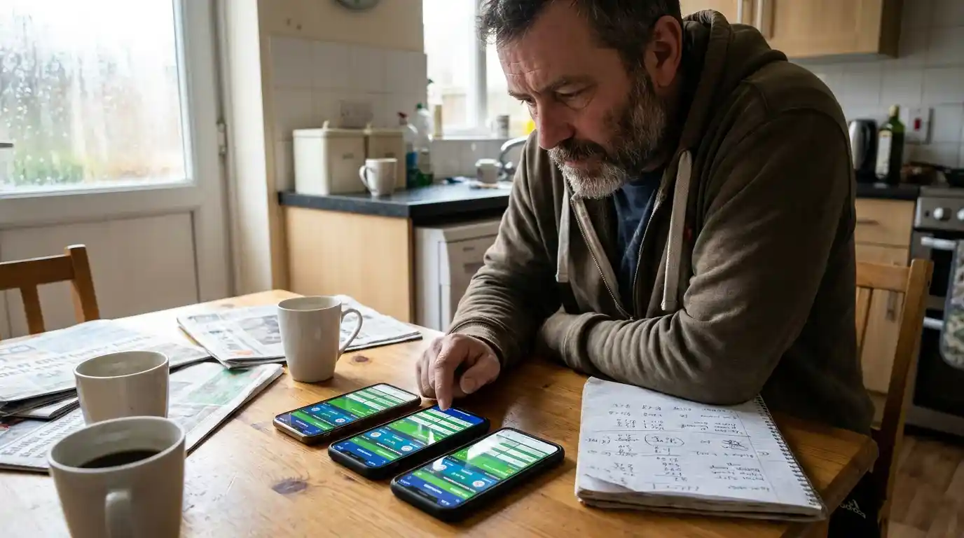 A UK punter testing three Premier League bookmaker apps side by side on a desk before opening a new account