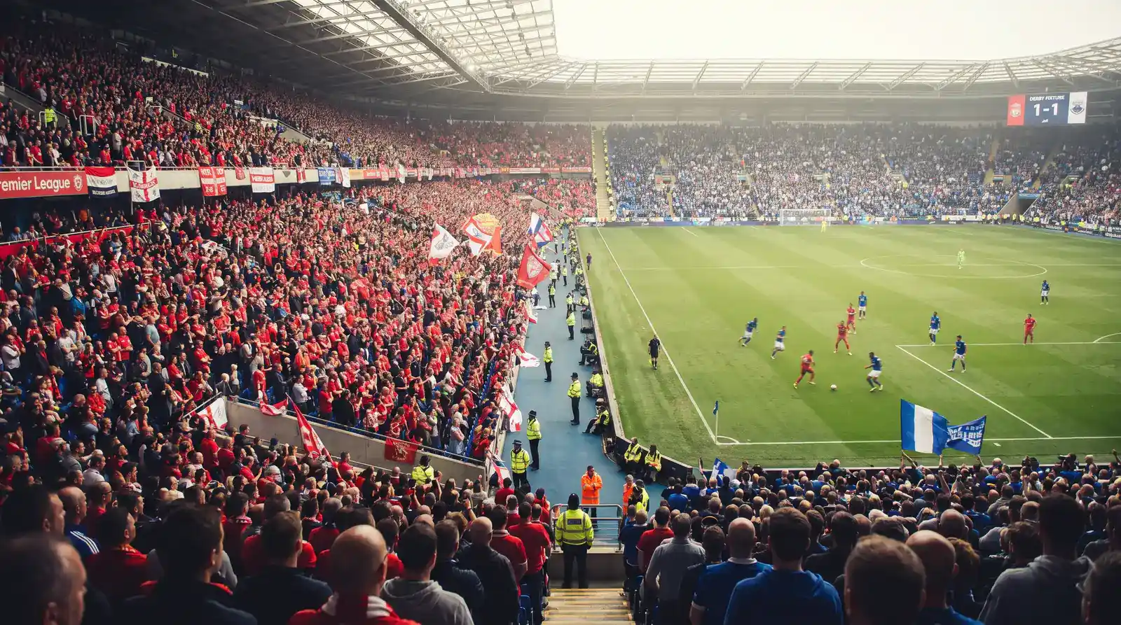 A packed Premier League stadium during a derby fixture with full stands and visible match action on the pitch