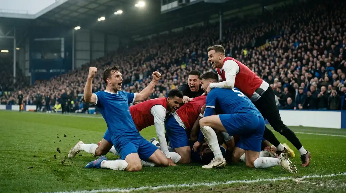 Premier League players celebrating a goal during a televised match used to illustrate momentum effects