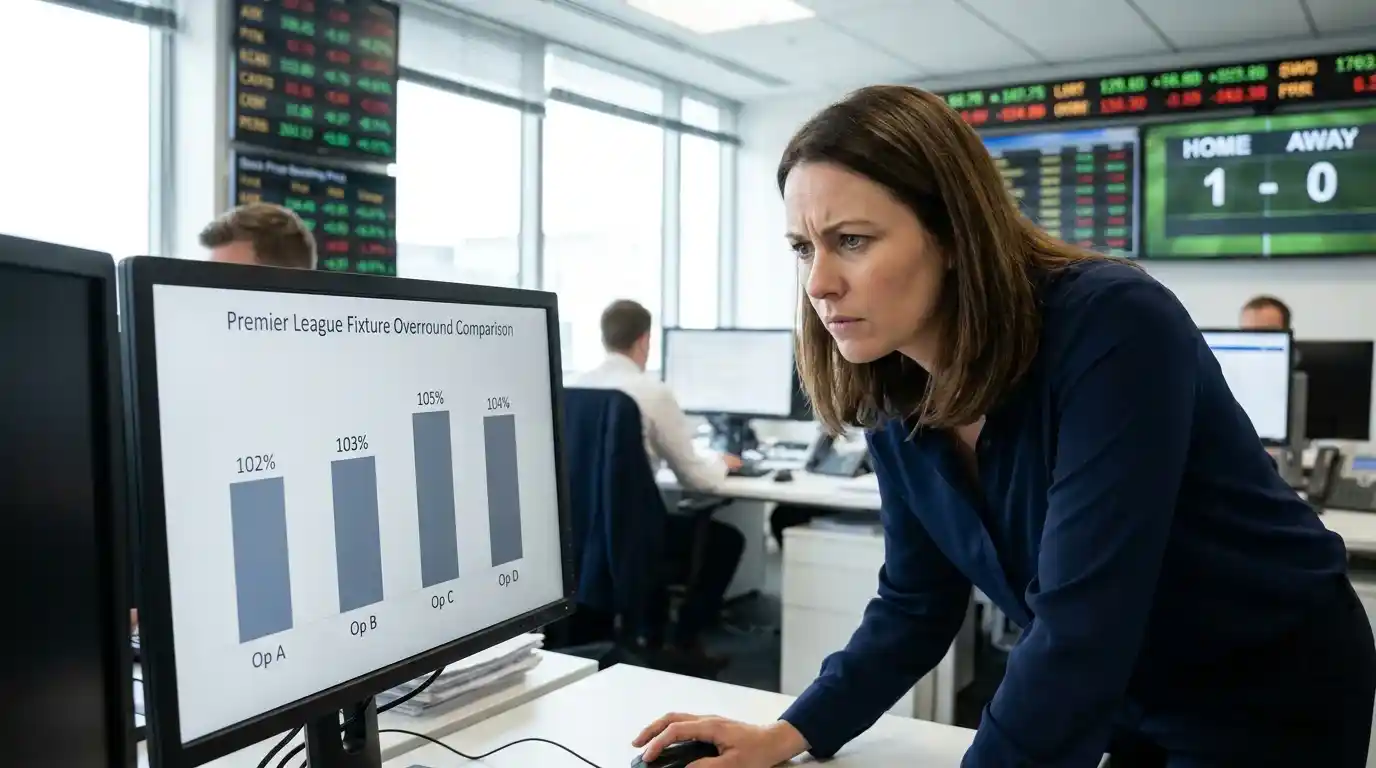 A UK trader analysing Premier League margin spreads across competing operator prices on multiple desk screens