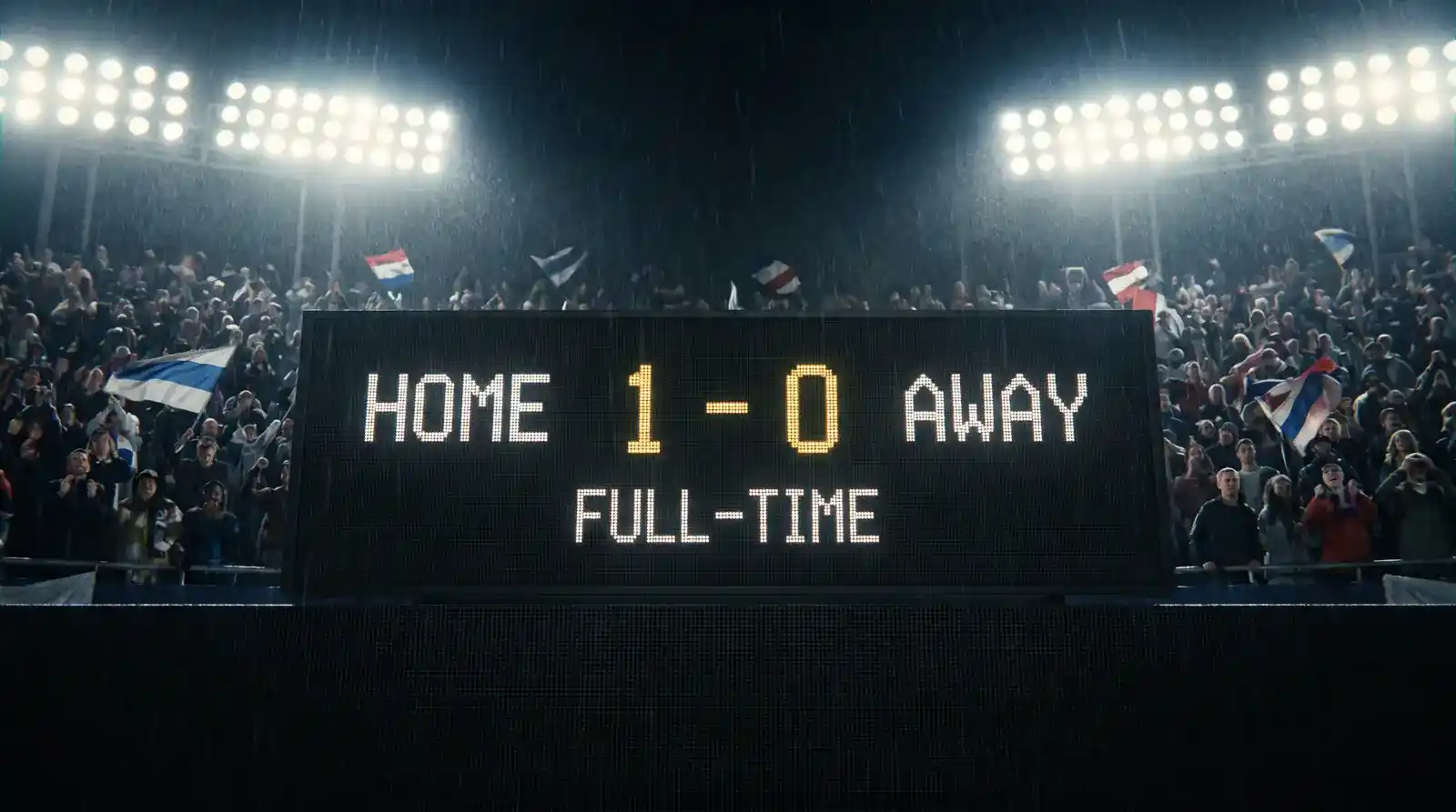 Stadium scoreboard displaying a 1-0 Premier League result at full-time under floodlights