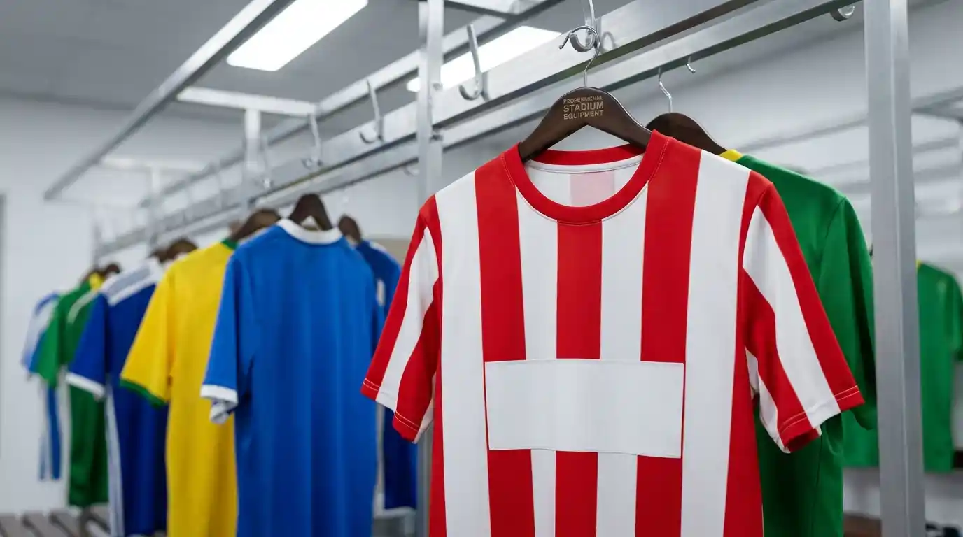 Football shirt hanging in a stadium kit room with the front-of-shirt sponsor area visible